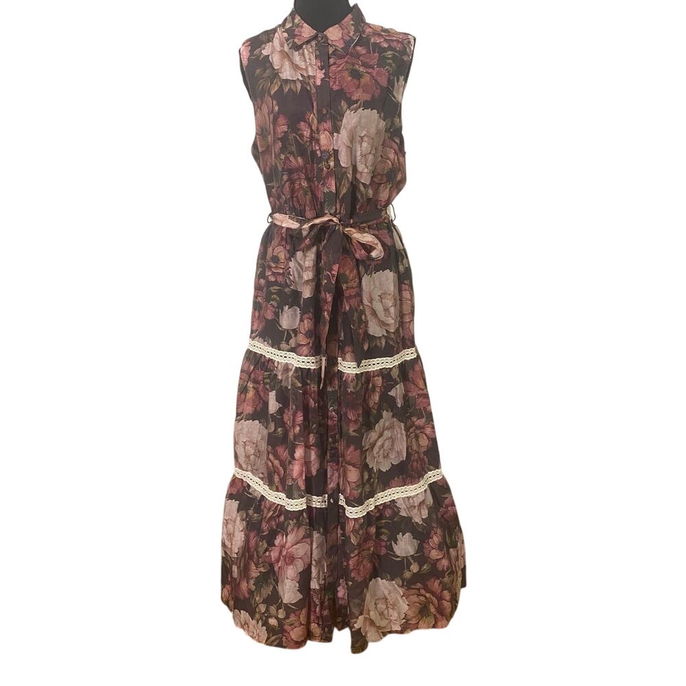 NWT Lucky & Coco Dark Floral Maxi Dress L Tiered Lace Trim Boho Cottagecore Fall